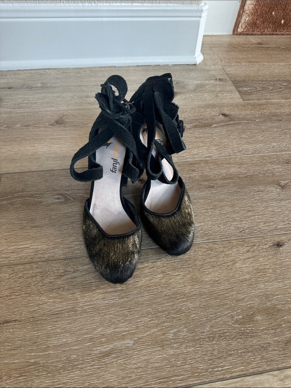 FarylrobinBlack Suede Calf Hair Multi Strap Block Heel Caged Pumps